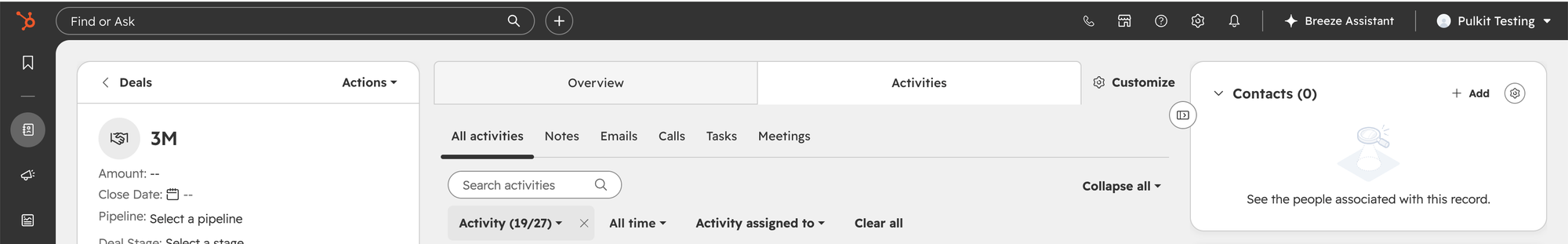 HubSpot deal record with the Customize option highlighted in the top right