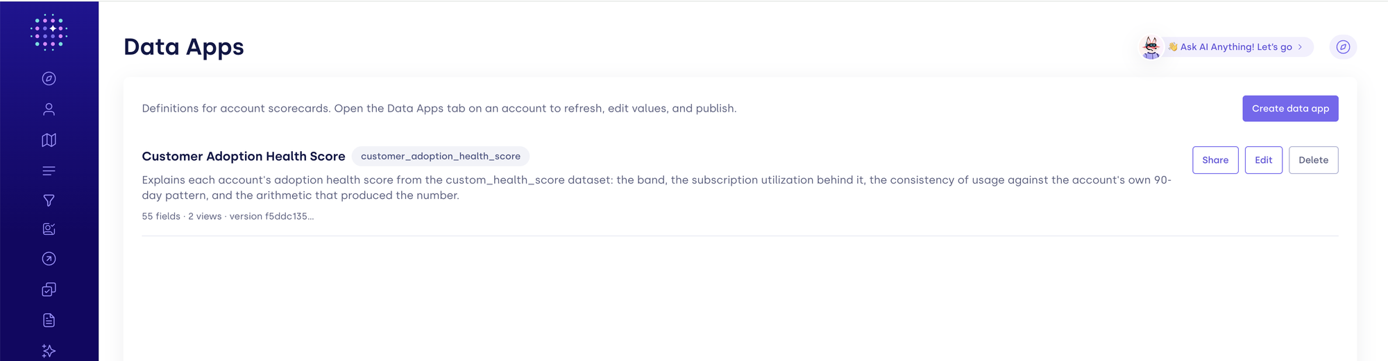 Data Apps page listing a data app with Share, Edit, and Delete actions