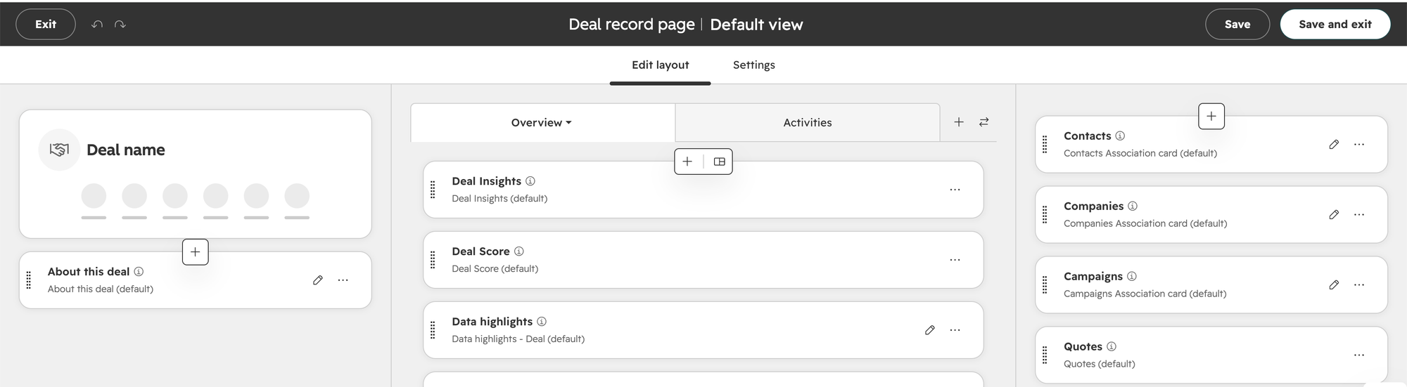 HubSpot deal record layout editor with the plus icon above the right sidebar cards highlighted