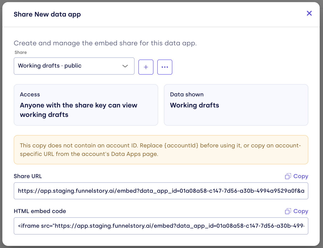 Share dialog after creation, showing a working-drafts public share with its Share URL and HTML embed code