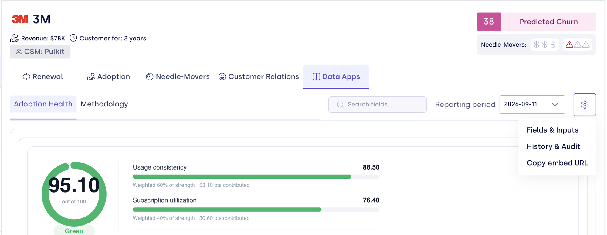 Account Data Apps tab with the settings menu open, showing Fields & Inputs, History & Audit, and Copy embed URL