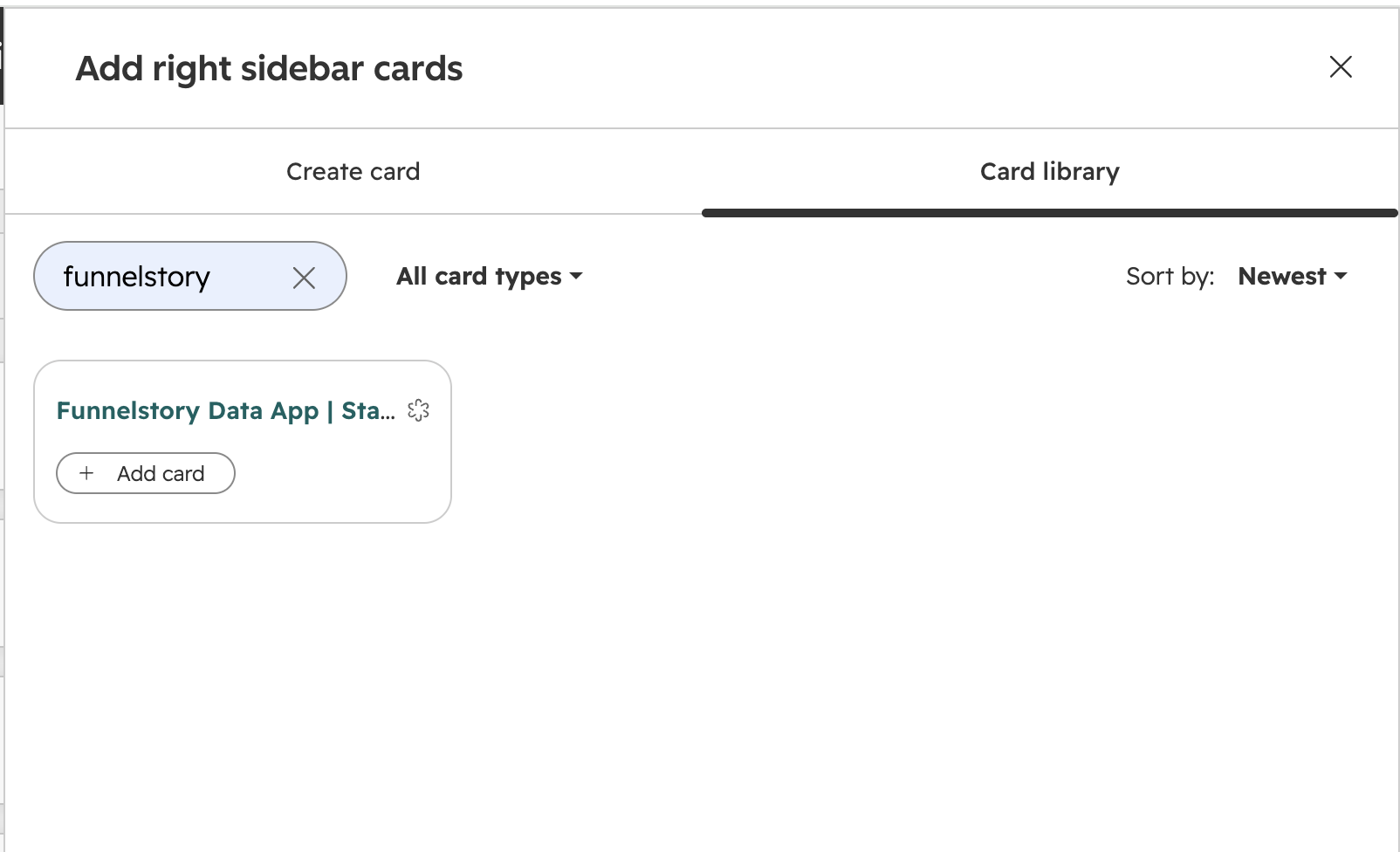 HubSpot Add right sidebar cards dialog showing the Card library tab with a search for funnelstory and the Add card button