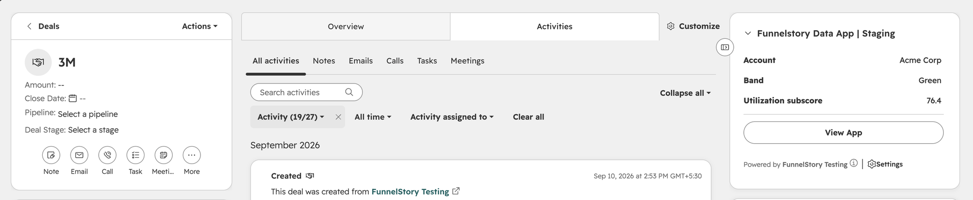 HubSpot deal record sidebar showing the FunnelStory Data App card with Account, Band, and Utilization subscore values and a View App button