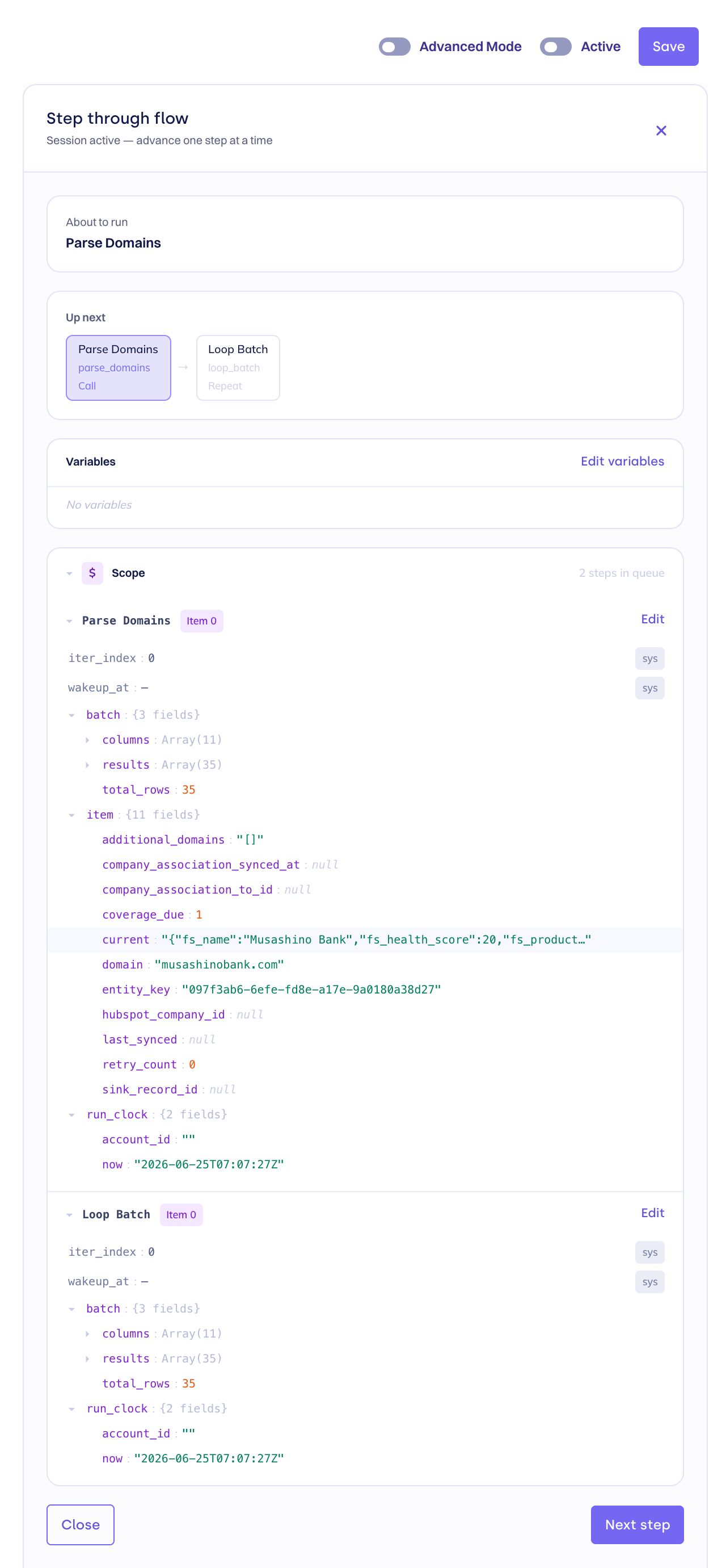 In-session debugger view showing the "About to run" step, the "Up next" queue, an empty Variables section, and the Scope section with two loop frames