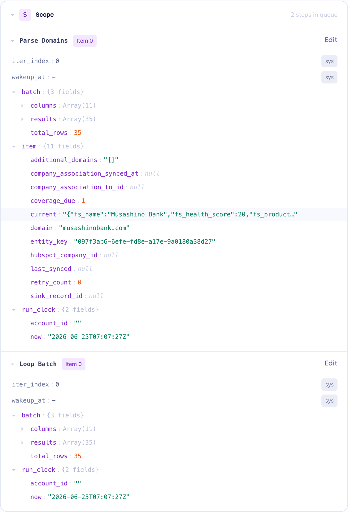 Scope section showing two frames tagged "Item 0", read-only iter_index and wakeup_at rows marked "sys", and an expandable tree of batch, item, and run_clock values