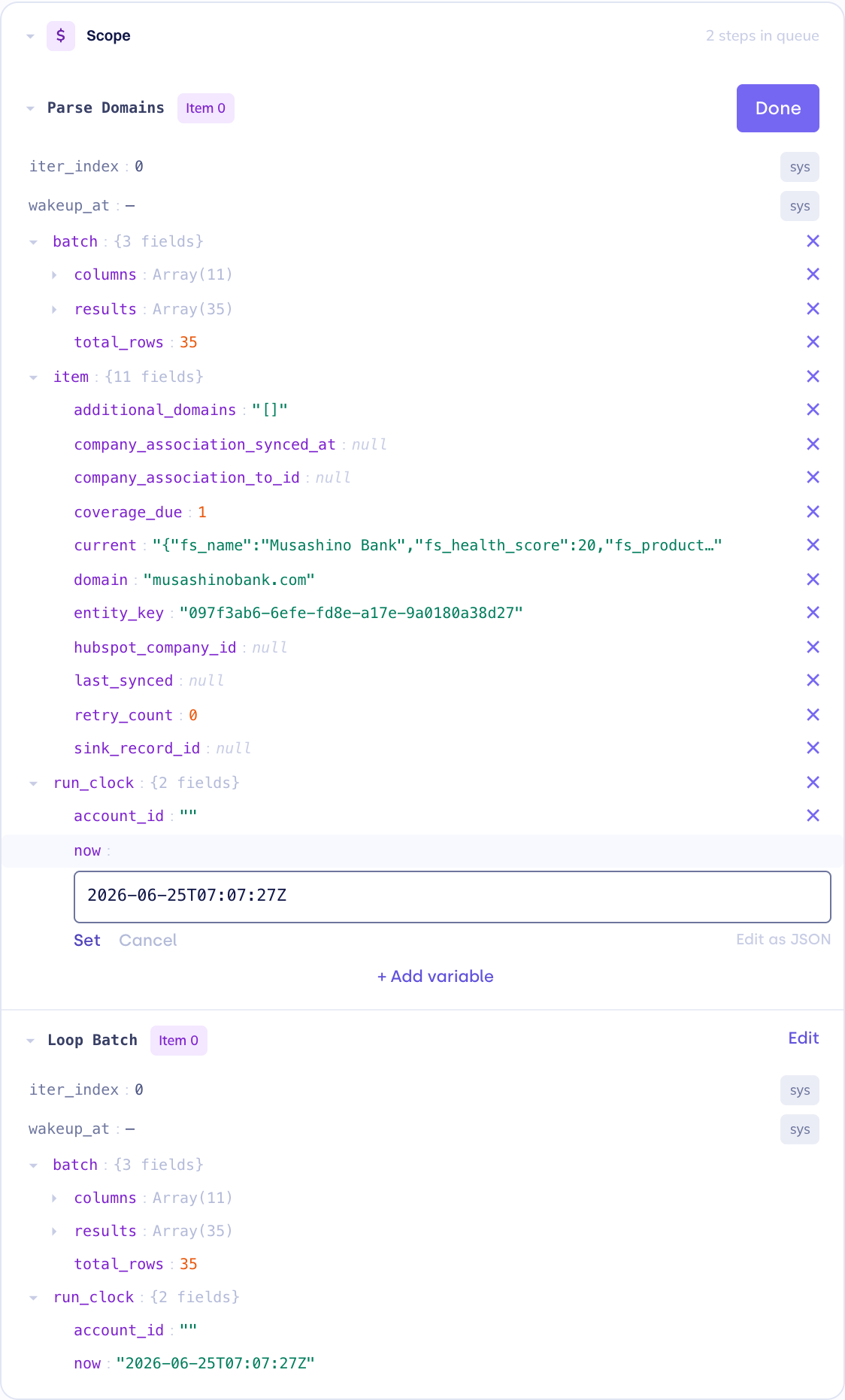 Scope frame in edit mode: each row has a delete control, one value is open in an inline editor with Set / Cancel and "Edit as JSON", plus an "+ Add variable" action and a Done button