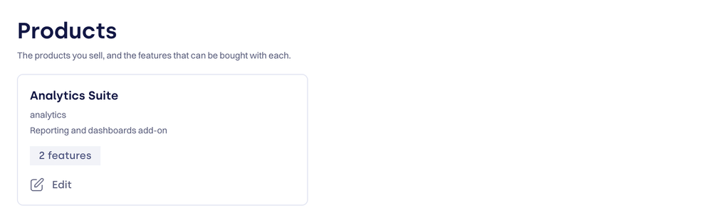 Configuration → Products catalog with a product card showing its ID, description, and feature count