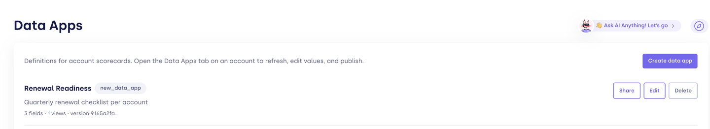 Configure → Data Apps list with a data app definition and its Share, Edit, and Delete actions