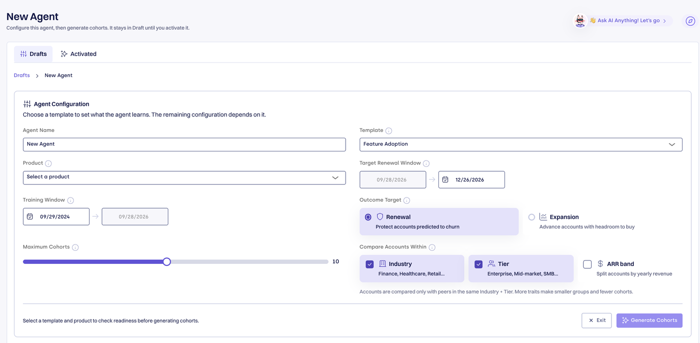 Outcome Agents Drafts tab showing the Agent Configuration form with the Outcome Target and Compare Accounts Within pickers