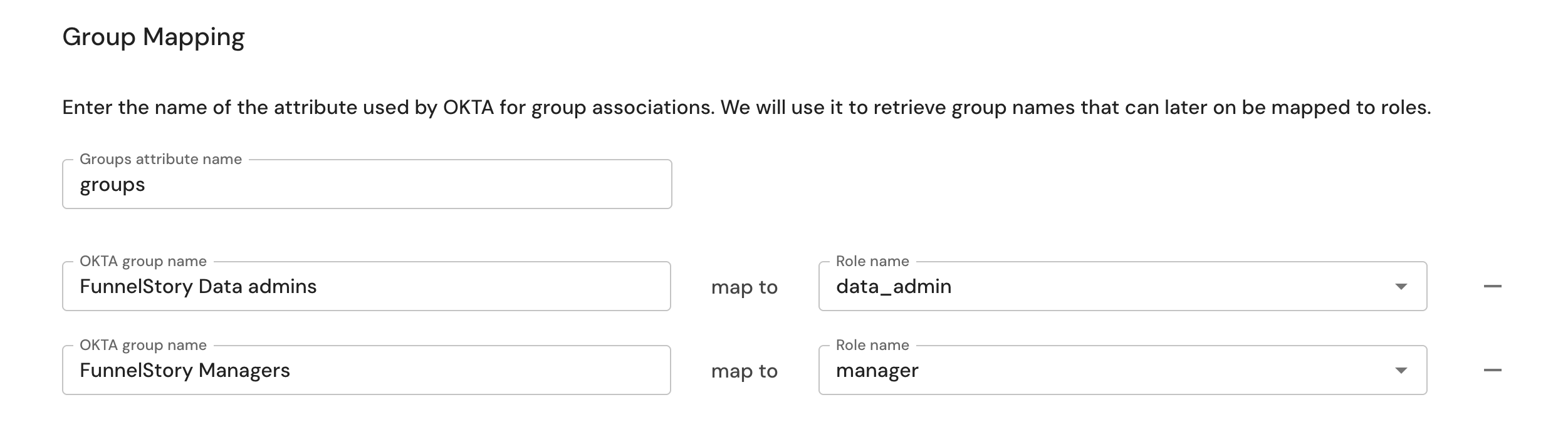 Group Mapping section of the SSO configuration suite, showing a Groups attribute name field set to "groups" and two rows mapping IdP group names to FunnelStory role names