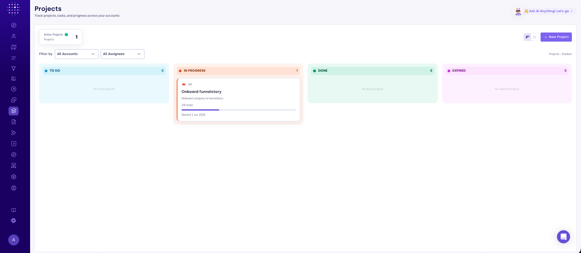 Projects page with Active Projects stat, kanban columns, filters, and New Project