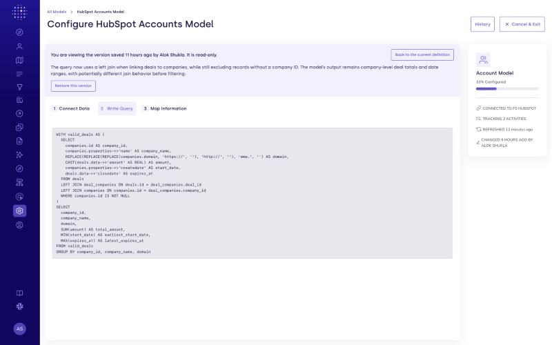 An earlier version shown read-only on the Configure page, with the banner and the Write Query step