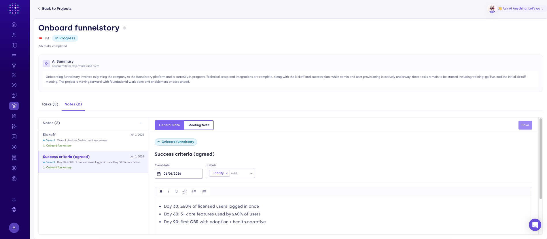 Project detail with Notes tab and project-scoped notes list