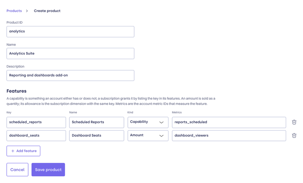 Product editor with Product ID, Name, and Description above the Features table, with one capability feature and one amount feature