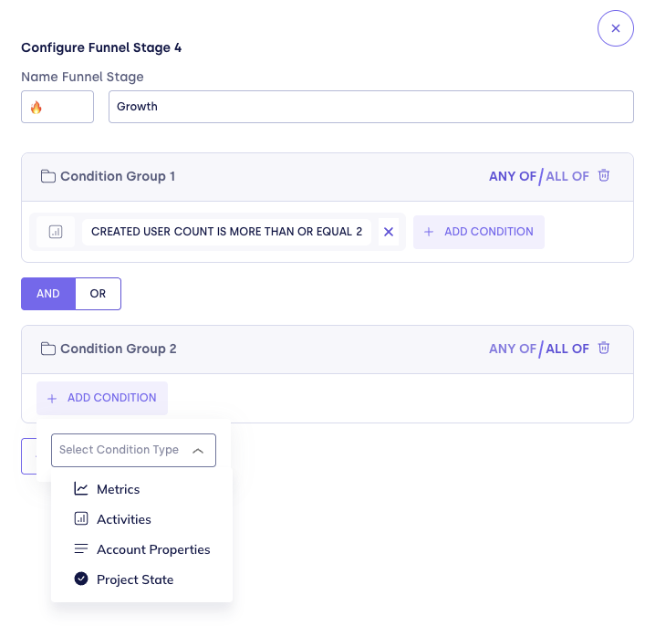 Funnel stage condition dropdown showing Project State option selected