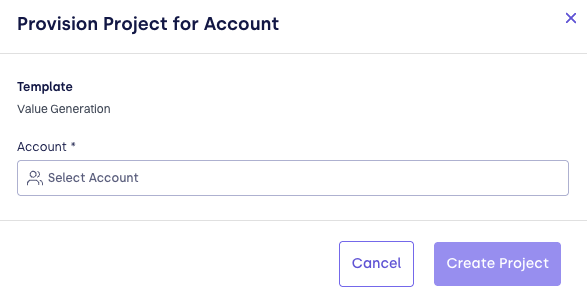 Provision Project for Account modal with template name and account selector