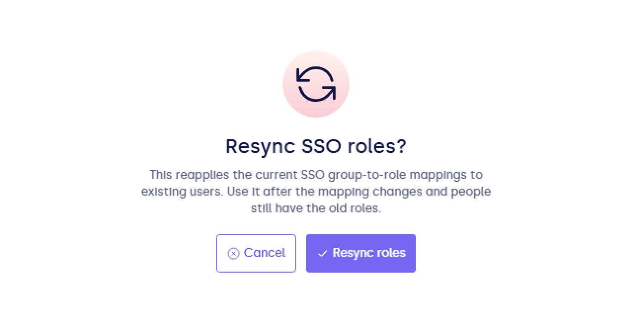Resync SSO roles confirmation dialog, explaining that it reapplies the current SSO group-to-role mappings to existing users