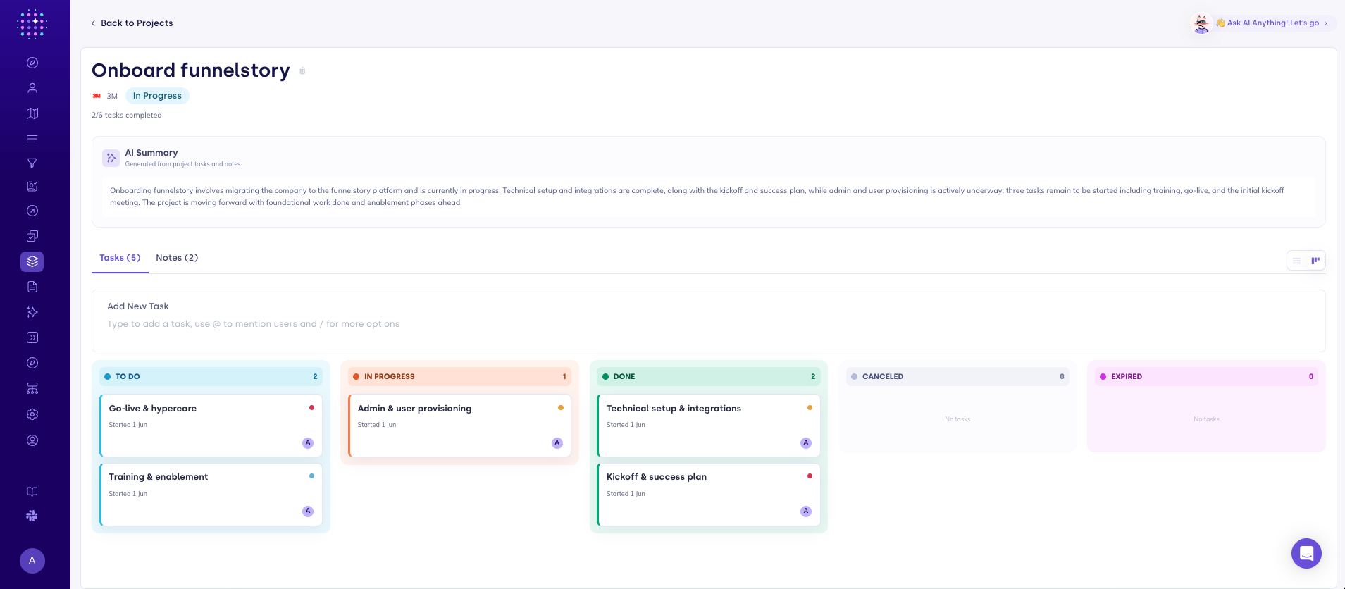 Project detail with Tasks tab, AI Summary, task kanban, and add-task inline