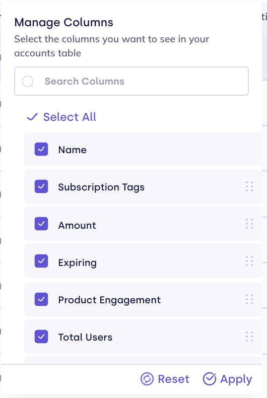 Manage Columns popover on the Accounts view with drag handles next to selected columns
